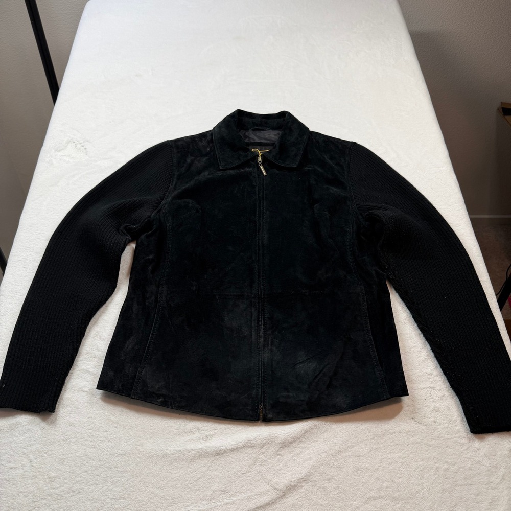 Fabio Suede Knit Sleeve Jacket Womens L Black Good Genuine Leather Mixed Media